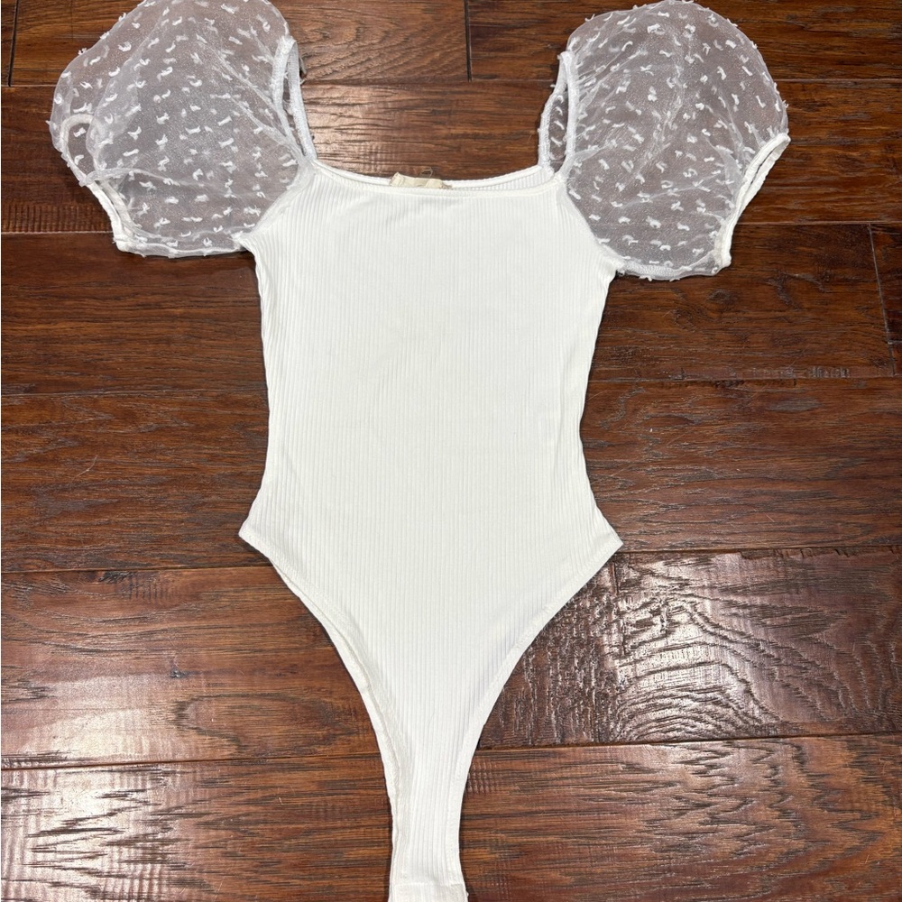 Elegant White womens One Piece with Puff Sleeves